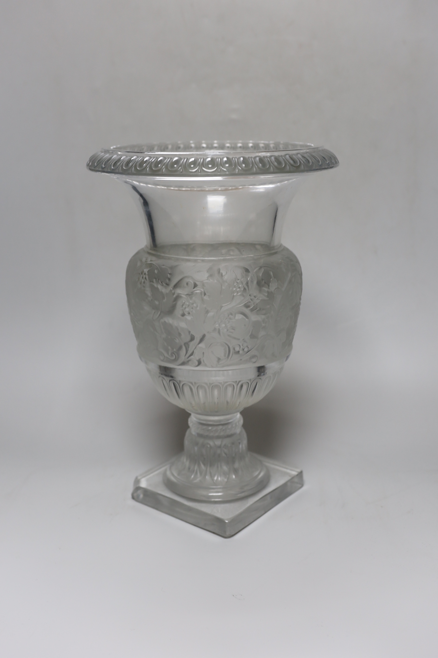 A Lalique frosted glass vase, 35cm (corners chipped)